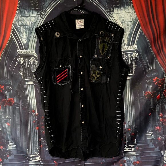 Lucky Brand Vest Jacket L Black Studded Biker Motorcycle Grunge Gothic Steampunk - Picture 1 of 4